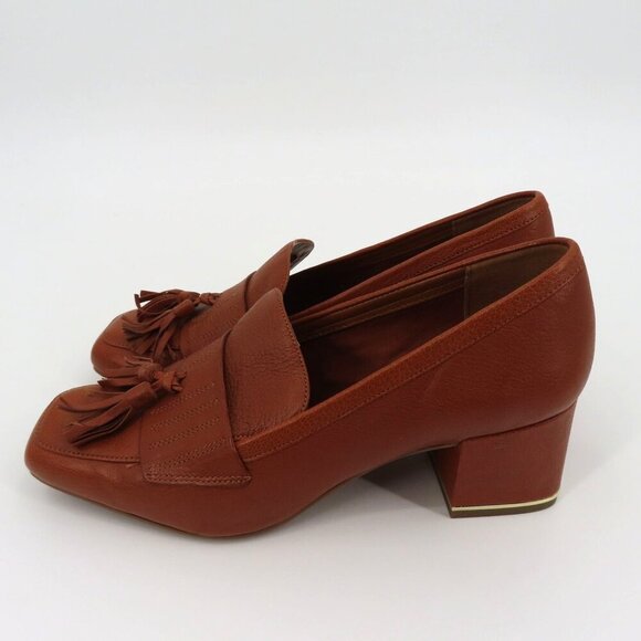 Franco Sarto Women 7.5 M ROME Cognac Brown Leather Tassel Gold Trim Loafer Heels - Picture 5 of 13